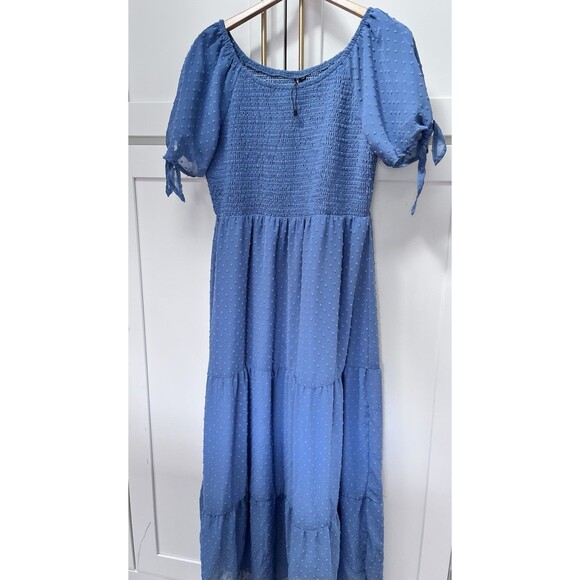 Zattcas NWOT Smocked Blue Swiss Polka Dot Tiered Maxi Peasant Dress Sz XL Boho - Picture 1 of 9